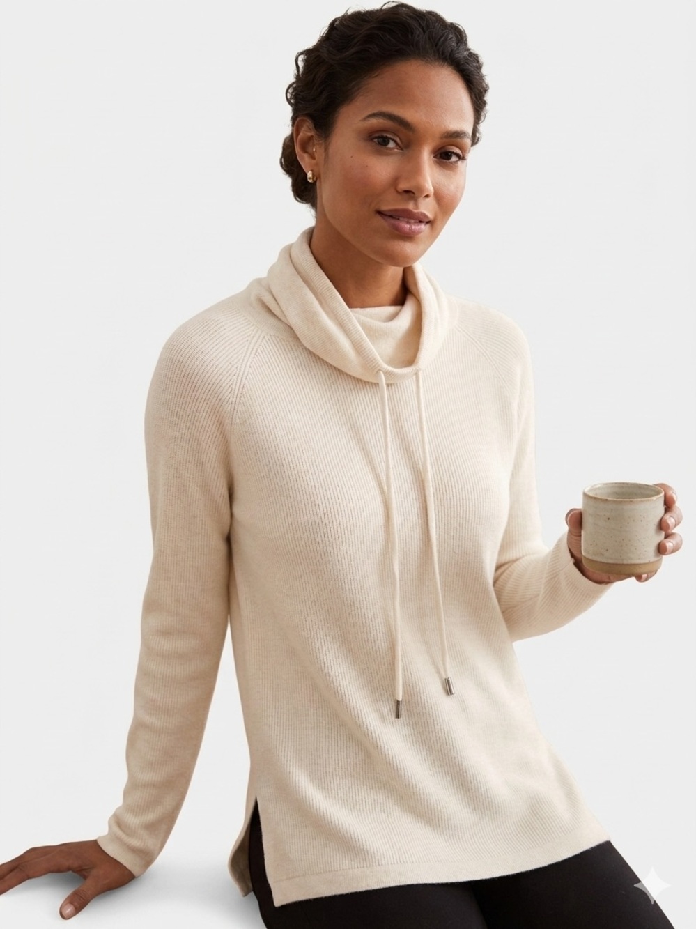 Cyrus Classic Minimalist Cream‎ Cowl Neck Drawstring Sweater